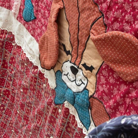 Vgt Hand Sewn Stitched Red BlueBaby Quilt Blanket Sleeping 3D Dog Hearts 50"x40" - Picture 3 of 11